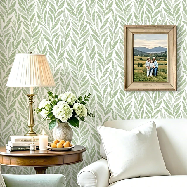 Main image of Green Leaf Peel and Stick Wallpaper 393"x17.3" Boho Modern Farmhouse Wall Paper Sage Contact Paper Waterproof Self Adhesive Removable Wallpaper for Bedroom Bathroom Vinyl Roll
