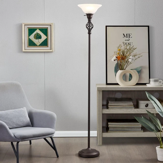 Alt view image 7 of 7 - Torchiere Floor Lamp for Living Room, LED Standing Reading Light Glass Lampshade,72" Vintage Tall Lamps for Bedroom Corner Home Office, Bulbs Included