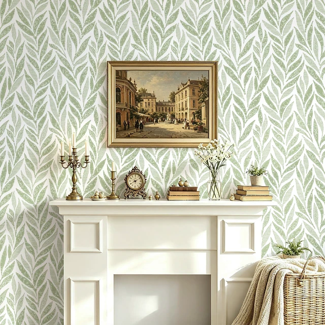 Alt view image 3 of 7 - Green Leaf Peel and Stick Wallpaper 393"x17.3" Boho Modern Farmhouse Wall Paper Sage Contact Paper Waterproof Self Adhesive Removable Wallpaper for Bedroom Bathroom Vinyl Roll
