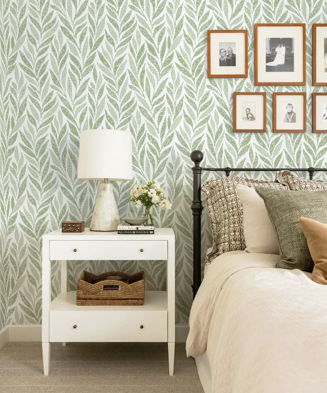 Alt view image 4 of 7 - Green Leaf Peel and Stick Wallpaper 393"x17.3" Boho Modern Farmhouse Wall Paper Sage Contact Paper Waterproof Self Adhesive Removable Wallpaper for Bedroom Bathroom Vinyl Roll