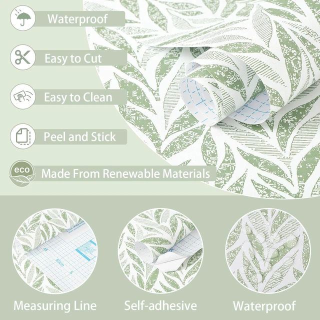 Alt view image 2 of 7 - Green Leaf Peel and Stick Wallpaper 393"x17.3" Boho Modern Farmhouse Wall Paper Sage Contact Paper Waterproof Self Adhesive Removable Wallpaper for Bedroom Bathroom Vinyl Roll