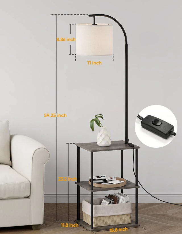 Alt view image 2 of 7 - Floor Lamp with Table 2-Pack, Nightstands End Side Table for Living Room Set of 2, Small Narrow Coffee Table with Lamp, Standing Lamp with Storage Shelves, 3CCT Bulb,Bedroom Office Home Décor, Gray