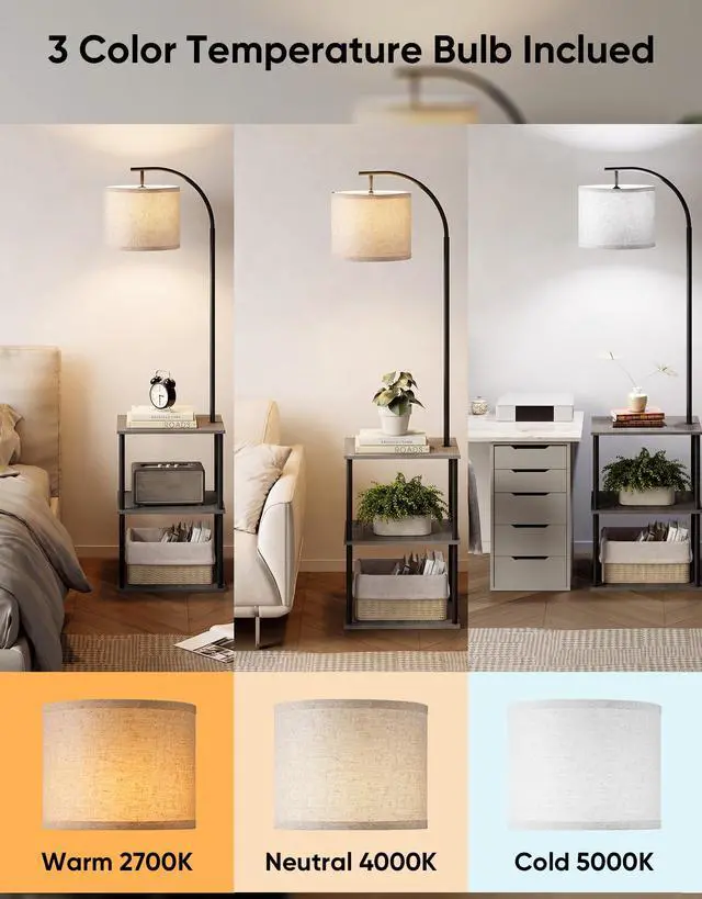 Alt view image 4 of 7 - Floor Lamp with Table 2-Pack, Nightstands End Side Table for Living Room Set of 2, Small Narrow Coffee Table with Lamp, Standing Lamp with Storage Shelves, 3CCT Bulb,Bedroom Office Home Décor, Gray