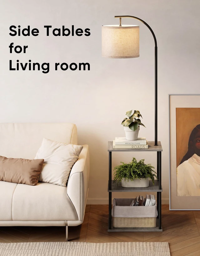 Alt view image 7 of 7 - Floor Lamp with Table 2-Pack, Nightstands End Side Table for Living Room Set of 2, Small Narrow Coffee Table with Lamp, Standing Lamp with Storage Shelves, 3CCT Bulb,Bedroom Office Home Décor, Gray