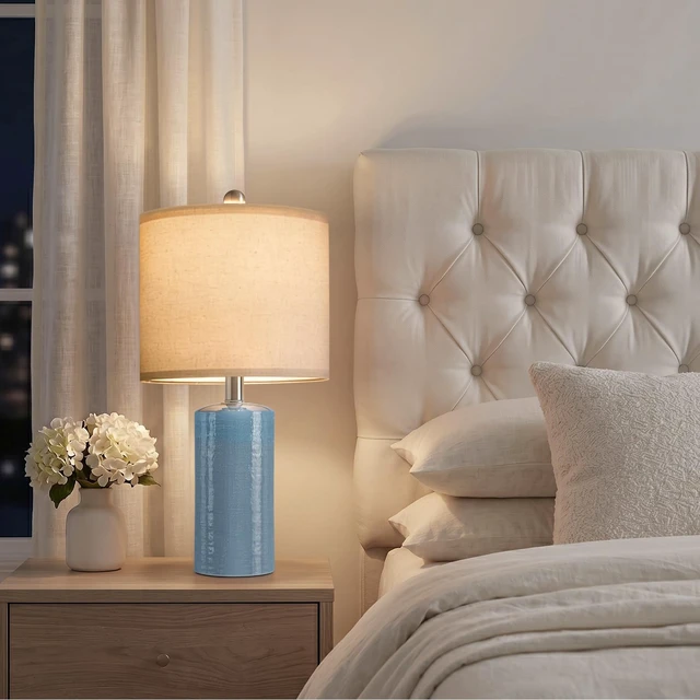Alt view image 4 of 7 - Small Table Lamps Set of 2 for Living Room 20.25" Blue Lamps Bedside Lamps Ceramic Lamps for Night Stands, Table Lamps for Bedroom, Mid Century Modern Boho Farmhouse Nightstand Nursery Side Table Lamp
