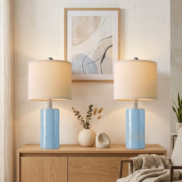 Alt view image 6 of 7 - Small Table Lamps Set of 2 for Living Room 20.25" Blue Lamps Bedside Lamps Ceramic Lamps for Night Stands, Table Lamps for Bedroom, Mid Century Modern Boho Farmhouse Nightstand Nursery Side Table Lamp
