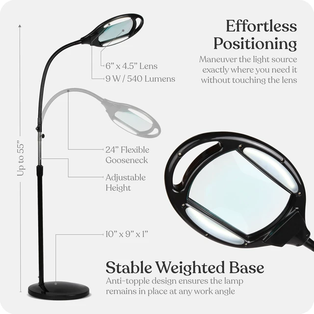 Alt view image 5 of 7 - LightView Pro Magnifying Floor Lamp - Hands Free Magnifier with Bright LED Light for Reading - Work light With Flexible Gooseneck - Standing Mag Lamp