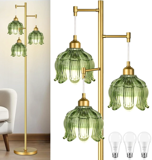 Main image of Vintage Floor Lamps for Living Room Bedroom-3 Light Gold Floor Lamp with Glass Lampshape, Flower Green Tall Lamp Mid Century Modern Standing Lamp Tree Floor Lamp for Bedroom Living Room Corner