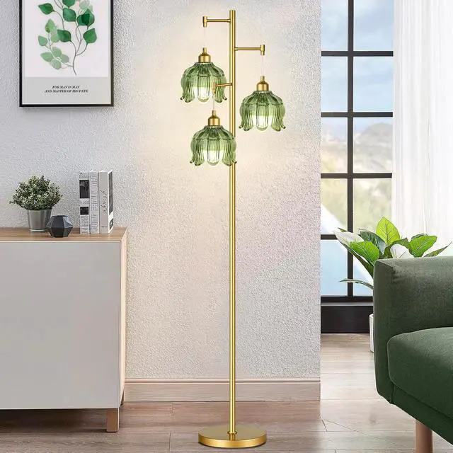 Alt view image 2 of 7 - Vintage Floor Lamps for Living Room Bedroom-3 Light Gold Floor Lamp with Glass Lampshape, Flower Green Tall Lamp Mid Century Modern Standing Lamp Tree Floor Lamp for Bedroom Living Room Corner