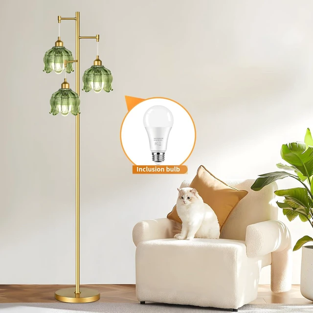 Alt view image 3 of 7 - Vintage Floor Lamps for Living Room Bedroom-3 Light Gold Floor Lamp with Glass Lampshape, Flower Green Tall Lamp Mid Century Modern Standing Lamp Tree Floor Lamp for Bedroom Living Room Corner