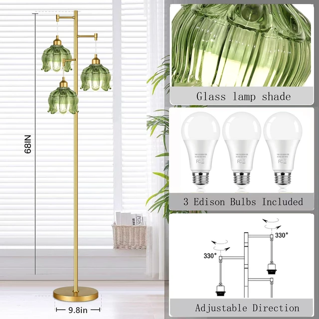 Alt view image 5 of 7 - Vintage Floor Lamps for Living Room Bedroom-3 Light Gold Floor Lamp with Glass Lampshape, Flower Green Tall Lamp Mid Century Modern Standing Lamp Tree Floor Lamp for Bedroom Living Room Corner
