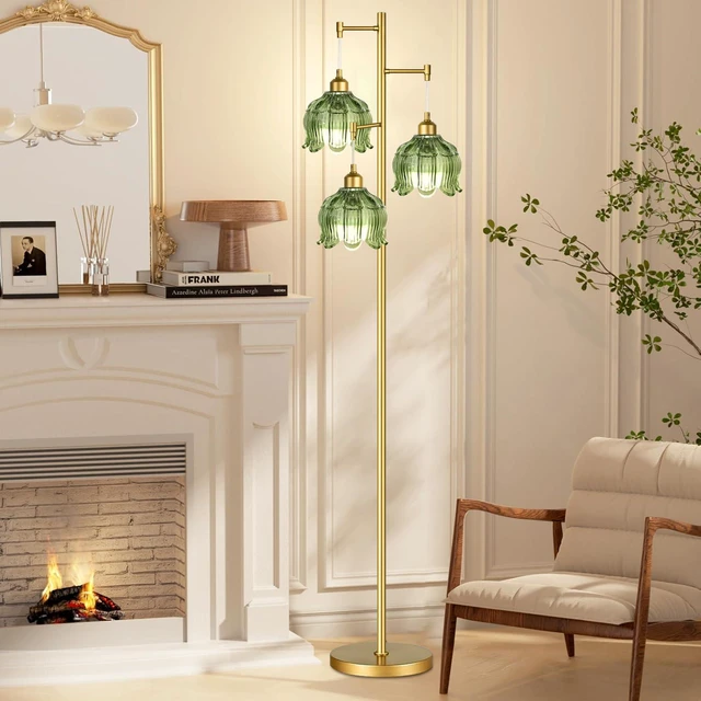 Alt view image 6 of 7 - Vintage Floor Lamps for Living Room Bedroom-3 Light Gold Floor Lamp with Glass Lampshape, Flower Green Tall Lamp Mid Century Modern Standing Lamp Tree Floor Lamp for Bedroom Living Room Corner