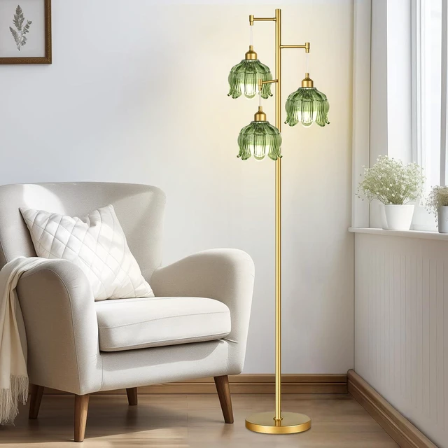 Alt view image 7 of 7 - Vintage Floor Lamps for Living Room Bedroom-3 Light Gold Floor Lamp with Glass Lampshape, Flower Green Tall Lamp Mid Century Modern Standing Lamp Tree Floor Lamp for Bedroom Living Room Corner