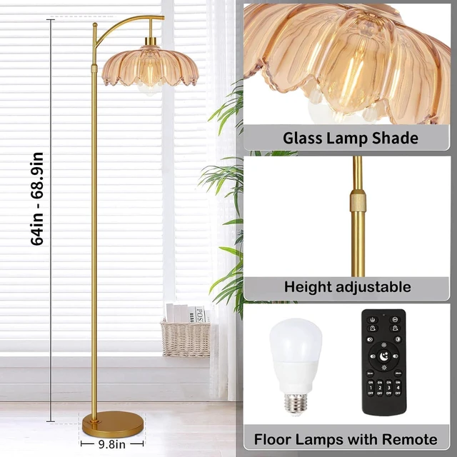 Alt view image 5 of 7 - Gold Floor Lamp for Living Room,Bedroom,Mid Century Modern Standing Lamp with Remote,Dimmable Brass Tall Lamp Amber Glass Vintage Retro Arc Floor Lamps Flower Floor Light Boho Bohemian