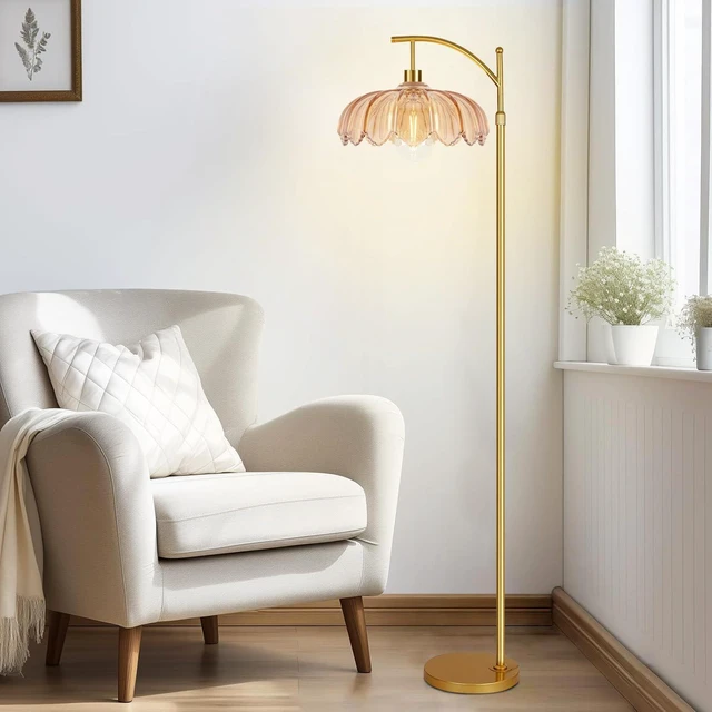 Alt view image 6 of 7 - Arc Floor Lamp for Living Room Gold Floor Lamp with Remote Control,Dimmable Floor Lamps With Glass Lampshades,Mid Century Modern Standing Lamp Tall Vintage Flower Floor Lamps for Bedroom,Corner