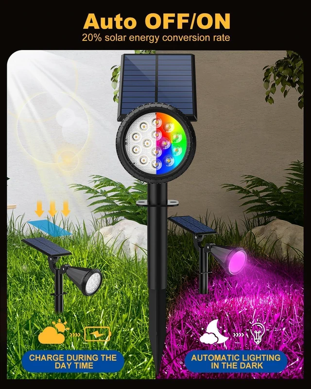 Alt view image 3 of 7 - Solar Spot Lights Outdoor Color Changing, 7 Modes/14 LED Outdoor Solar Lights for Yard, Waterproof RGB Multicolor Solar Landscape Spotlights Auto On/Off for Flood, Yard, Tree, Pathway, 10 Pack