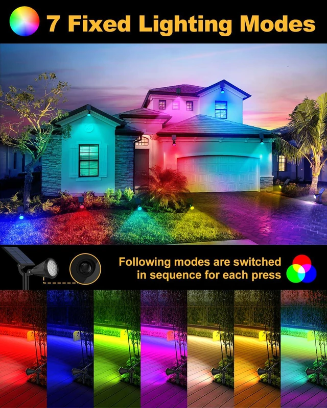 Alt view image 2 of 7 - Solar Spot Lights Outdoor Color Changing, 7 Modes/14 LED Outdoor Solar Lights for Yard, Waterproof RGB Multicolor Solar Landscape Spotlights Auto On/Off for Flood, Yard, Tree, Pathway, 10 Pack
