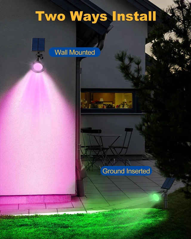 Alt view image 6 of 7 - Solar Spot Lights Outdoor Color Changing, 7 Modes/14 LED Outdoor Solar Lights for Yard, Waterproof RGB Multicolor Solar Landscape Spotlights Auto On/Off for Flood, Yard, Tree, Pathway, 10 Pack
