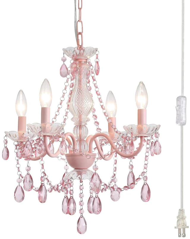Main image of Plug in Crystal Pink Chandelier, Not acrylic Crystal,Mini 4 Lights for Girls Room,Pink Crystals Hanging Pendant Light with Clear Cord and On/Off, Chandelier for wedding, Kitchen, Dining,Foyer,Island