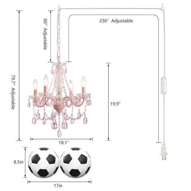 Alt view image 2 of 7 - Plug in Crystal Pink Chandelier, Not acrylic Crystal,Mini 4 Lights for Girls Room,Pink Crystals Hanging Pendant Light with Clear Cord and On/Off, Chandelier for wedding, Kitchen, Dining,Foyer,Island