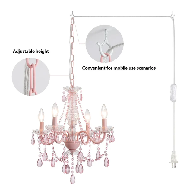 Alt view image 3 of 7 - Plug in Crystal Pink Chandelier, Not acrylic Crystal,Mini 4 Lights for Girls Room,Pink Crystals Hanging Pendant Light with Clear Cord and On/Off, Chandelier for wedding, Kitchen, Dining,Foyer,Island