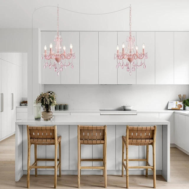 Alt view image 4 of 7 - Plug in Crystal Pink Chandelier, Not acrylic Crystal,Mini 4 Lights for Girls Room,Pink Crystals Hanging Pendant Light with Clear Cord and On/Off, Chandelier for wedding, Kitchen, Dining,Foyer,Island