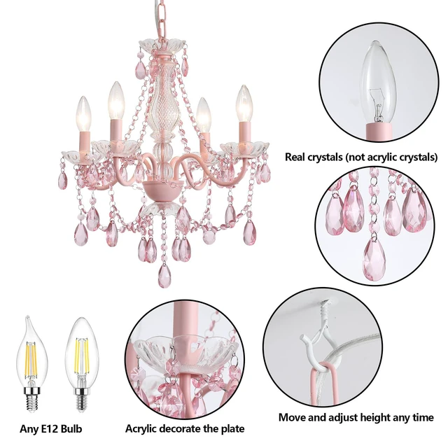 Alt view image 5 of 7 - Plug in Crystal Pink Chandelier, Not acrylic Crystal,Mini 4 Lights for Girls Room,Pink Crystals Hanging Pendant Light with Clear Cord and On/Off, Chandelier for wedding, Kitchen, Dining,Foyer,Island