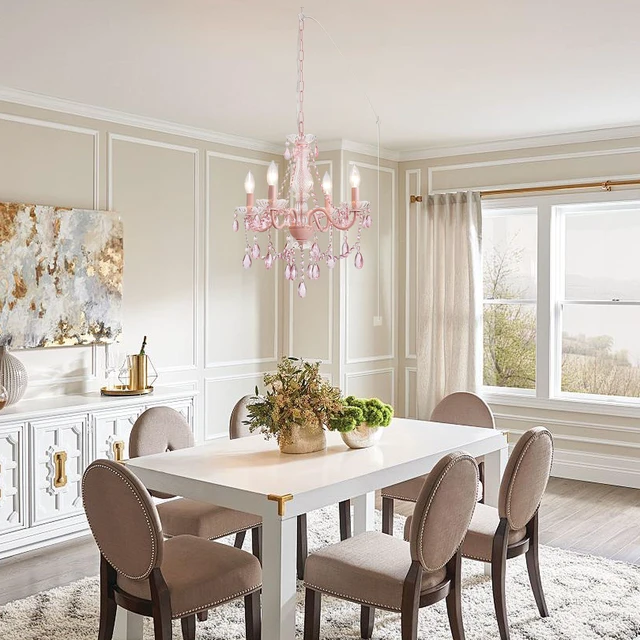 Alt view image 6 of 7 - Plug in Crystal Pink Chandelier, Not acrylic Crystal,Mini 4 Lights for Girls Room,Pink Crystals Hanging Pendant Light with Clear Cord and On/Off, Chandelier for wedding, Kitchen, Dining,Foyer,Island