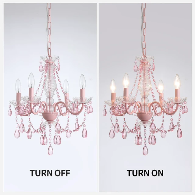 Alt view image 7 of 7 - Plug in Crystal Pink Chandelier, Not acrylic Crystal,Mini 4 Lights for Girls Room,Pink Crystals Hanging Pendant Light with Clear Cord and On/Off, Chandelier for wedding, Kitchen, Dining,Foyer,Island
