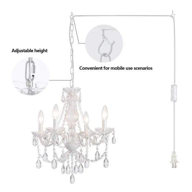 Alt view image 2 of 7 - Plug in Crystal Ceramic White Chandelier, Glass Chandeliers,White crystal Hanging Pendant Light with Clear Cord and On/Off, 4 Light Crystal Chandelier for wedding, Kitchen, Dining,Foyer, Mini room