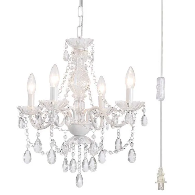Main image of Plug in Crystal Ceramic White Chandelier, Glass Chandeliers,White crystal Hanging Pendant Light with Clear Cord and On/Off, 4 Light Crystal Chandelier for wedding, Kitchen, Dining,Foyer, Mini room