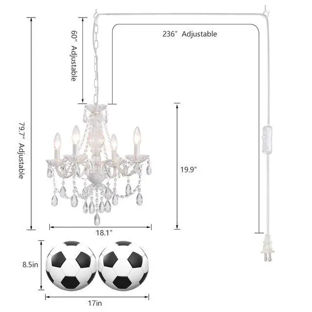 Alt view image 3 of 7 - Plug in Crystal Ceramic White Chandelier, Glass Chandeliers,White crystal Hanging Pendant Light with Clear Cord and On/Off, 4 Light Crystal Chandelier for wedding, Kitchen, Dining,Foyer, Mini room