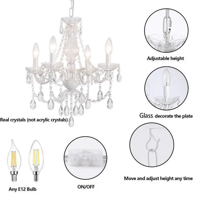 Alt view image 4 of 7 - Plug in Crystal Ceramic White Chandelier, Glass Chandeliers,White crystal Hanging Pendant Light with Clear Cord and On/Off, 4 Light Crystal Chandelier for wedding, Kitchen, Dining,Foyer, Mini room