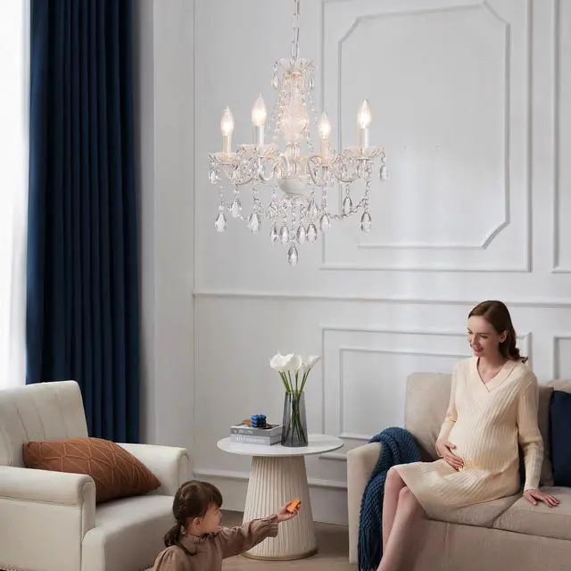 Alt view image 6 of 7 - Plug in Crystal Ceramic White Chandelier, Glass Chandeliers,White crystal Hanging Pendant Light with Clear Cord and On/Off, 4 Light Crystal Chandelier for wedding, Kitchen, Dining,Foyer, Mini room