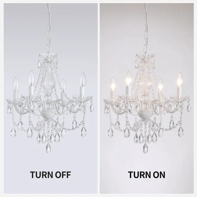 Alt view image 7 of 7 - Plug in Crystal Ceramic White Chandelier, Glass Chandeliers,White crystal Hanging Pendant Light with Clear Cord and On/Off, 4 Light Crystal Chandelier for wedding, Kitchen, Dining,Foyer, Mini room