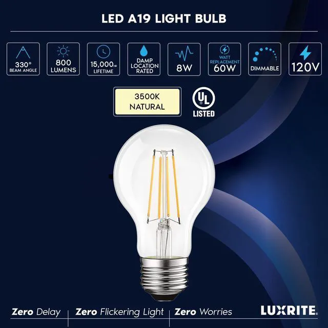 Alt view image 7 of 7 - Vintage A19 LED Light Bulbs 60W Equivalent, 3500K Dimmable (6 Pack) 3500K Natural White, 800 Lumens, Standard LED Edison Bulb 8W, UL Listed, E26 Base, Damp Rated, 330° Beam Angle, CRI 80, 120V