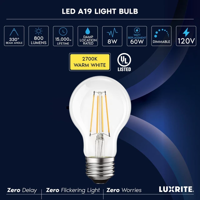 Alt view image 7 of 7 - Vintage A19 LED Light Bulbs 60W Equivalent, 2700K Dimmable (6 Pack) Warm White, 800 Lumens, Standard LED Edison Bulb 8W, UL Listed, E26 Base, Damp Rated, 330° Beam Angle, 10,000-Hour Life