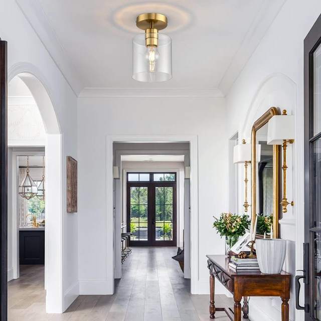 Alt view image 3 of 7 - Modern Brass Semi Flush Mount Light Fixture for Entryway & Hallway, Gold Finish