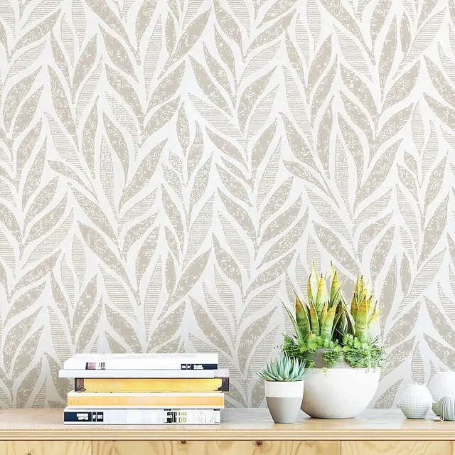 Main image of 787"x17.3" Boho Peel and Stick Wallpaper Beige and White Wallpaper Leaf Self Adhesive Removable Wall Paper for Bathroom Bedroom Contact Paper for Walls Vinyl Roll