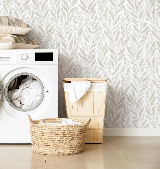 Alt view image 2 of 6 - 787"x17.3" Boho Peel and Stick Wallpaper Beige and White Wallpaper Leaf Self Adhesive Removable Wall Paper for Bathroom Bedroom Contact Paper for Walls Vinyl Roll