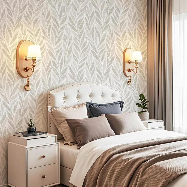 Alt view image 3 of 6 - 787"x17.3" Boho Peel and Stick Wallpaper Beige and White Wallpaper Leaf Self Adhesive Removable Wall Paper for Bathroom Bedroom Contact Paper for Walls Vinyl Roll