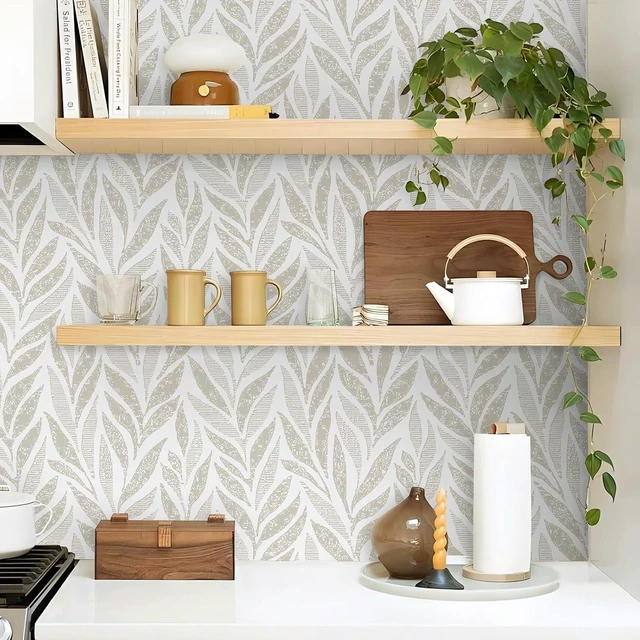 Alt view image 5 of 6 - 787"x17.3" Boho Peel and Stick Wallpaper Beige and White Wallpaper Leaf Self Adhesive Removable Wall Paper for Bathroom Bedroom Contact Paper for Walls Vinyl Roll