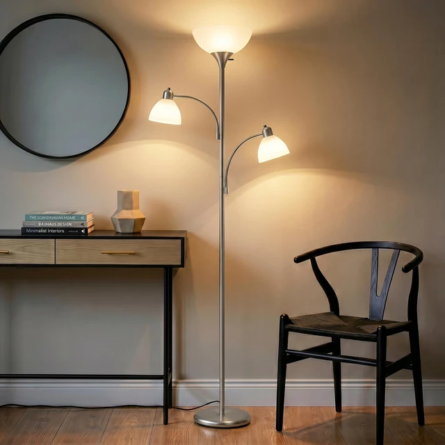 Alt view image 2 of 7 - Sky Dome Double LED Floor lamp, Torchiere Super Bright Floor Lamp with 2 Reading Lamps for Living Rooms & Offices - Dimmable Tall Standing Lamp for Bedroom Reading - Tall Silver Pole