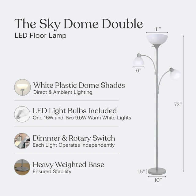 Alt view image 5 of 7 - Sky Dome Double LED Floor lamp, Torchiere Super Bright Floor Lamp with 2 Reading Lamps for Living Rooms & Offices - Dimmable Tall Standing Lamp for Bedroom Reading - Tall Silver Pole