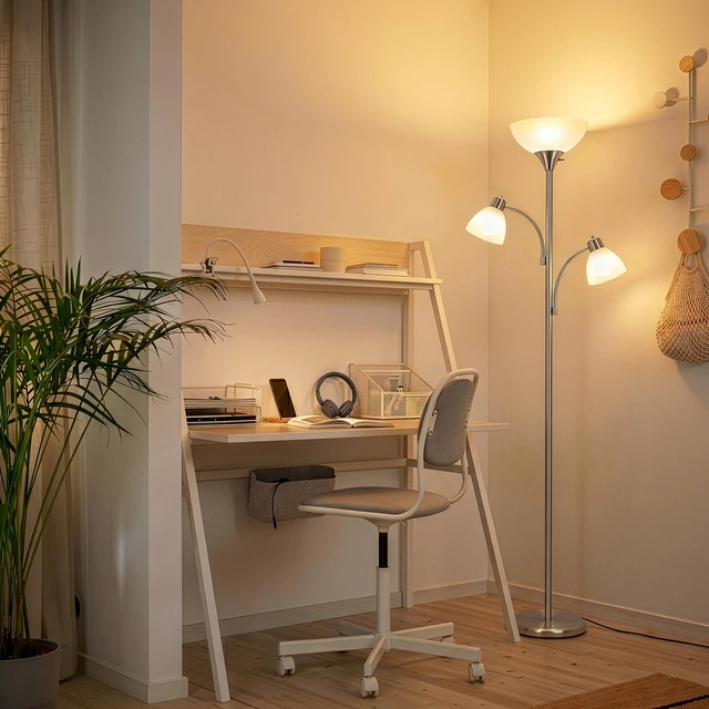 Alt view image 6 of 7 - Sky Dome Double LED Floor lamp, Torchiere Super Bright Floor Lamp with 2 Reading Lamps for Living Rooms & Offices - Dimmable Tall Standing Lamp for Bedroom Reading - Tall Silver Pole