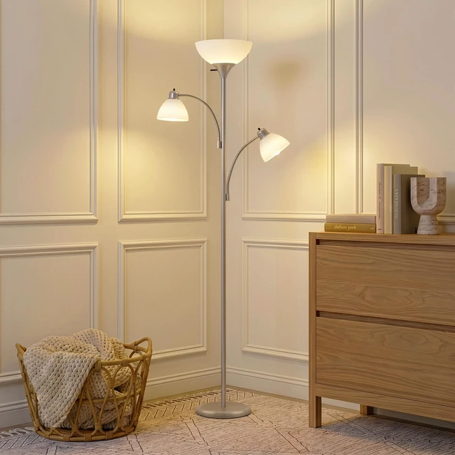 Alt view image 7 of 7 - Sky Dome Double LED Floor lamp, Torchiere Super Bright Floor Lamp with 2 Reading Lamps for Living Rooms & Offices - Dimmable Tall Standing Lamp for Bedroom Reading - Tall Silver Pole