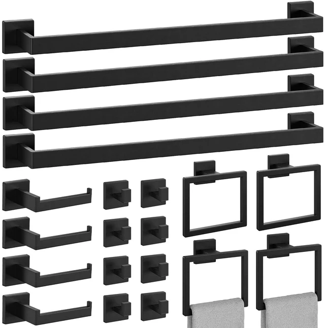 Main image of 20-Pieces Matte Black Bathroom Accessories Set, 24 Inch Bathroom Hardware Set, SUS305 Stainless Steel Bath Towel Bar Set, Towel Racks for Bathroom Wall Mounted