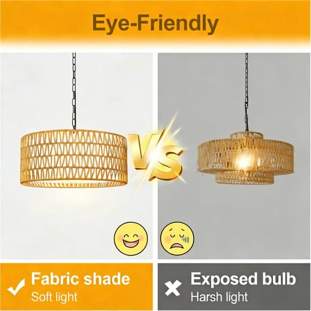 Alt view image 2 of 7 - 9"-52" Height Adjustable Farmhouse Chandelier Light Fixture, 5-Light Rattan Boho Chandeliers for Dining Room, Hand Woven Pendant Light with Linen Shade, Rustic Hanging Lighting for Kitchen Island
