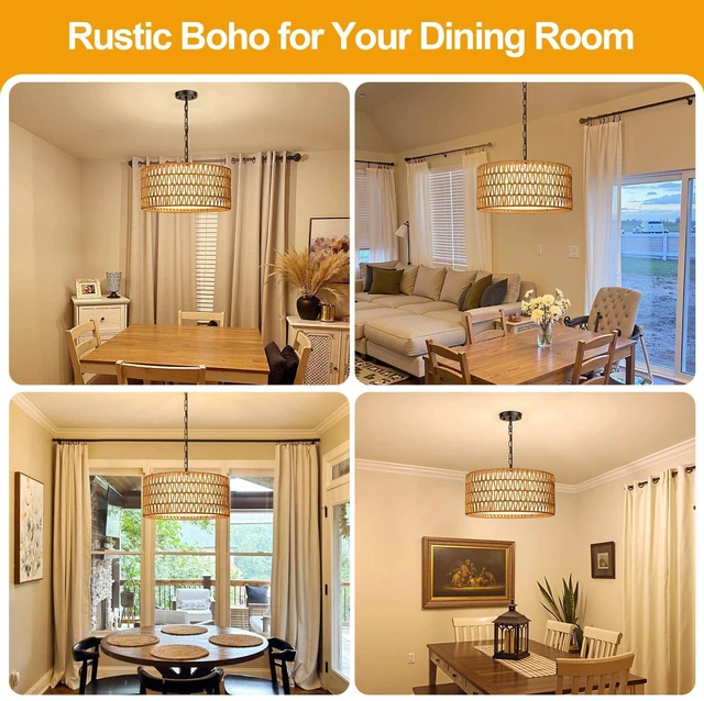 Alt view image 3 of 7 - 9"-52" Height Adjustable Farmhouse Chandelier Light Fixture, 5-Light Rattan Boho Chandeliers for Dining Room, Hand Woven Pendant Light with Linen Shade, Rustic Hanging Lighting for Kitchen Island