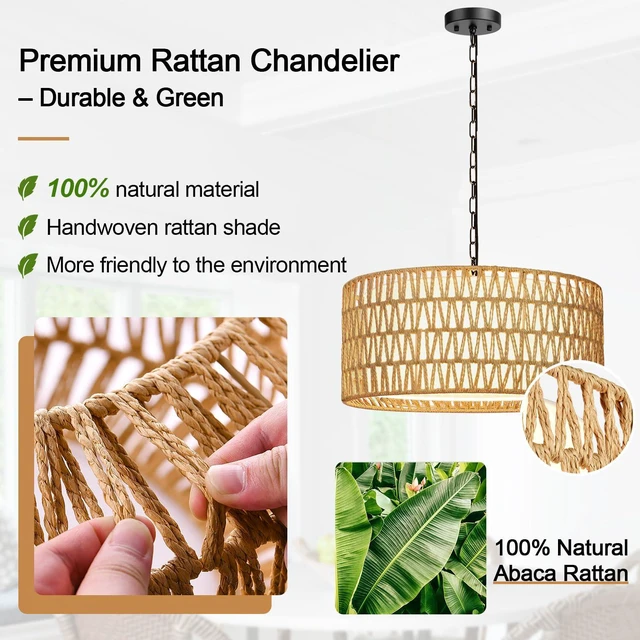 Alt view image 4 of 7 - 9"-52" Height Adjustable Farmhouse Chandelier Light Fixture, 5-Light Rattan Boho Chandeliers for Dining Room, Hand Woven Pendant Light with Linen Shade, Rustic Hanging Lighting for Kitchen Island